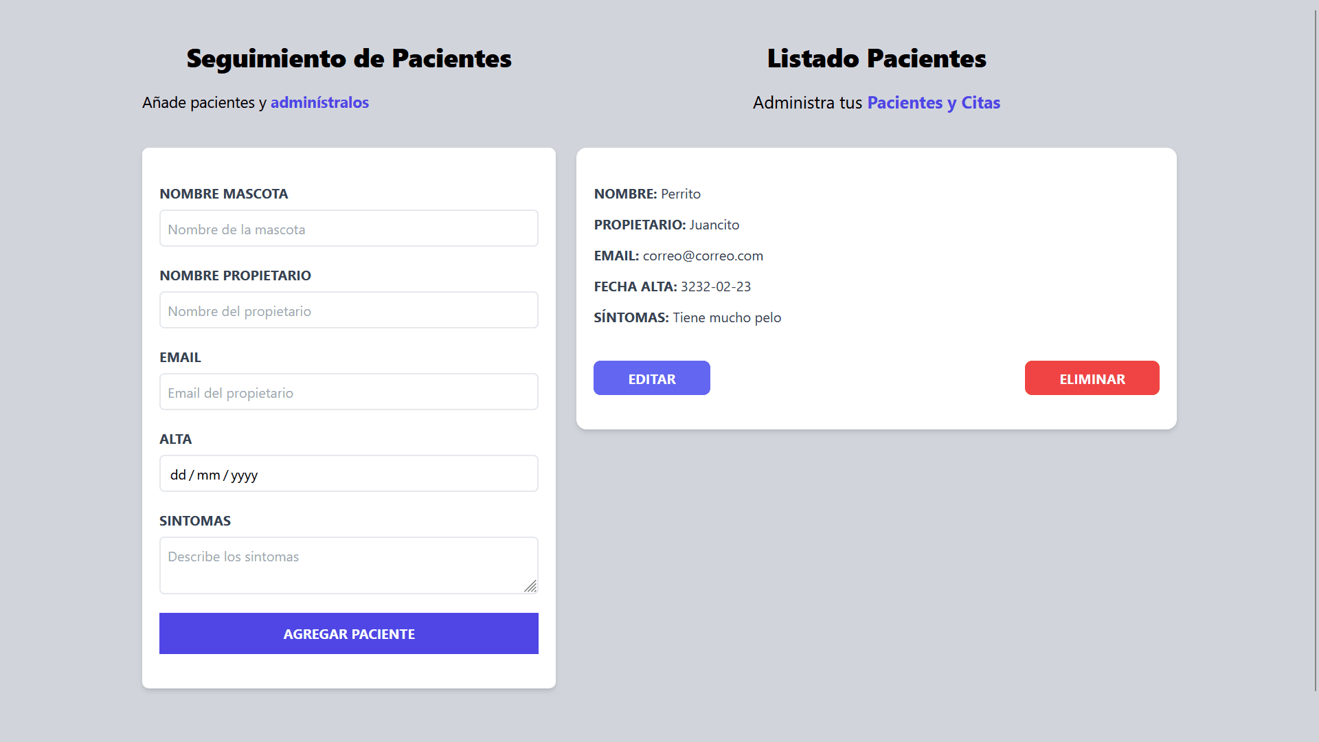 Veterinary Patient Manager proyect image